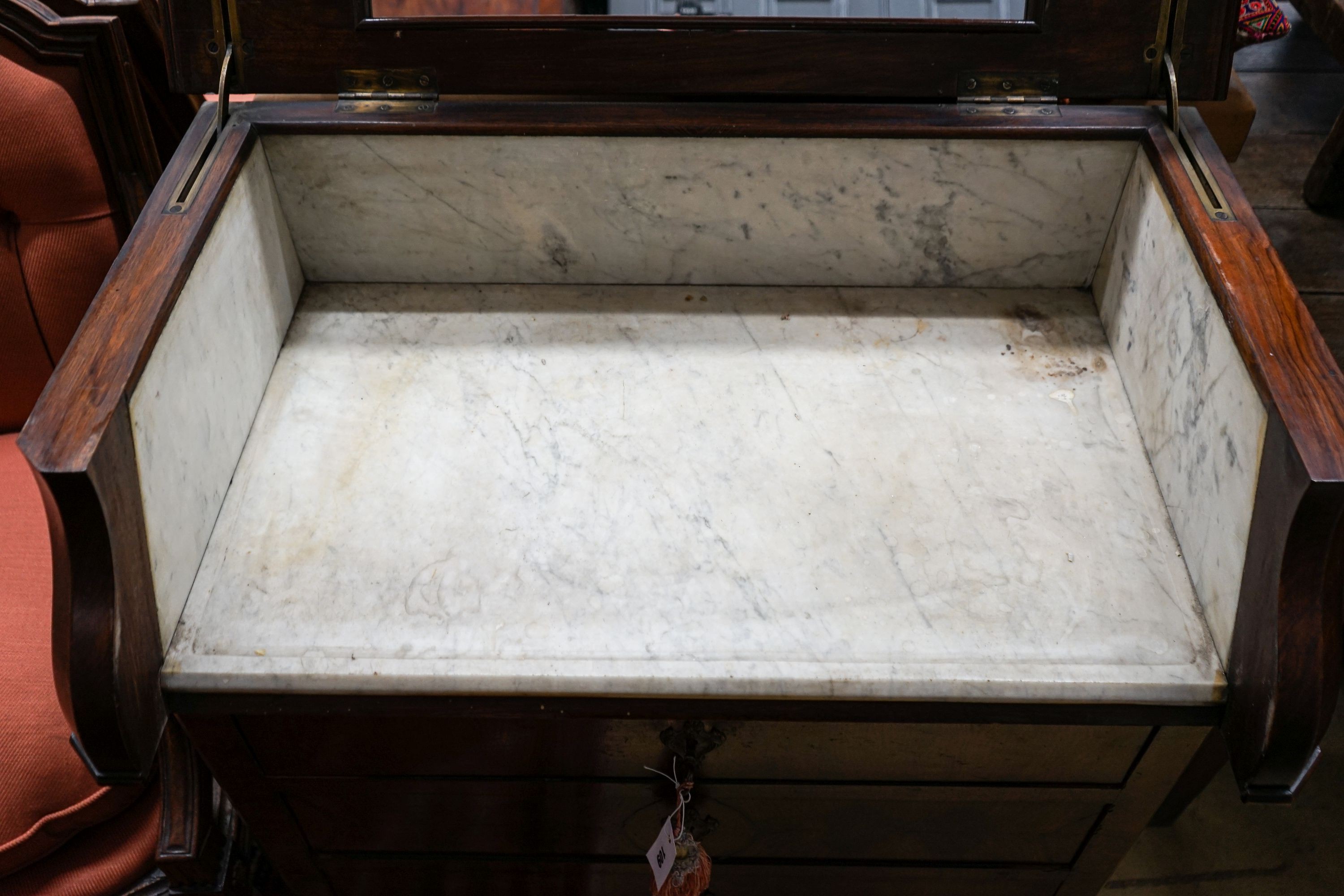 A 19th century French figured walnut washstand with marble lined interior, width 87cm, depth 50cm, height 99cm